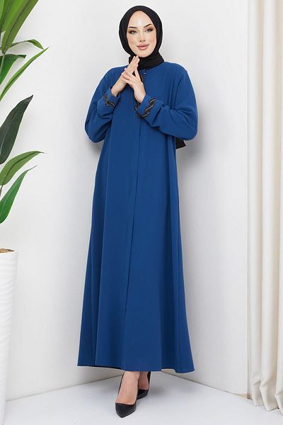 hafsamina Burma Stone Detailed Plus Size Abaya Indigo HM2310