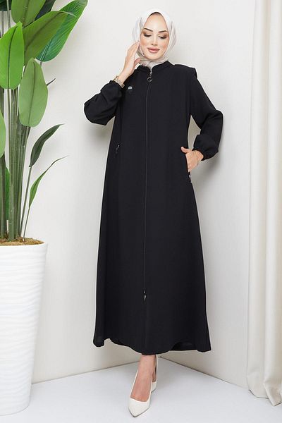 hafsamina Large Size Ferace Black with Coat of Arms Detail HM2257