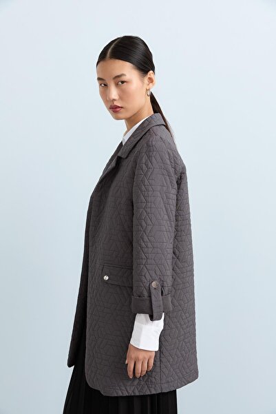 Nihan İnce Kapitone Kolu Katlanabilir Ceket Füme