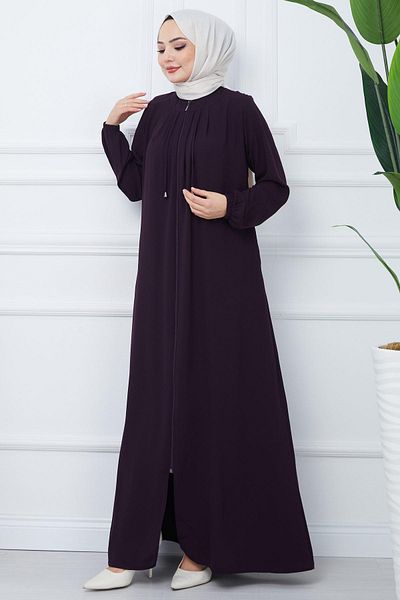 hafsamina Ferace Plum με πλισέ γιακά και δαντέλα HM2357