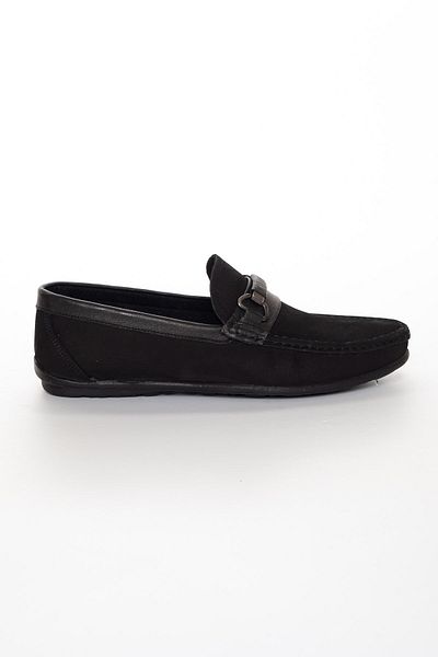 Dilimler Ayakkabı Men's Black Loafer - Genuine Leather and Nubuck Buckle Shoes