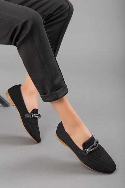 Dilimler Ayakkabı Knitwear Stoned Round Toe Black Women's Ballerinas