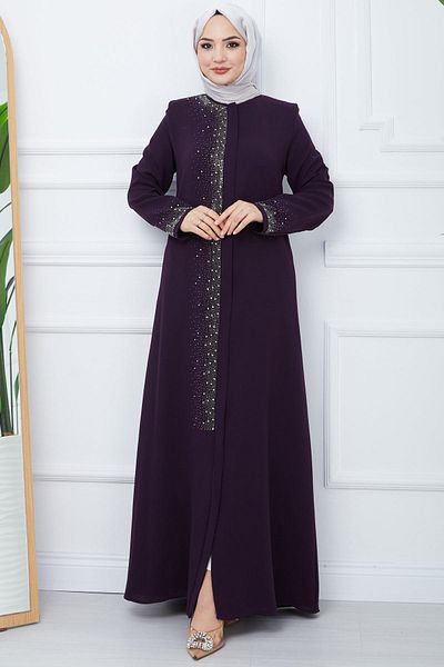 hafsamina Işıl Stone Detailed Large Size Ferace Plum HM2351