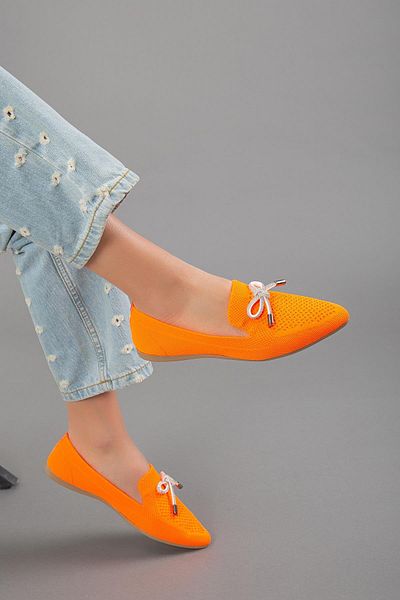 Dilimler Ayakkabı Knitwear Stone Detailed Pointed Toe Orange Women's Ballerinas