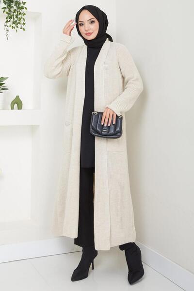 hafsamina Cream Colored Shawl Collar Pocket Knitwear Cardigan - Hm2243