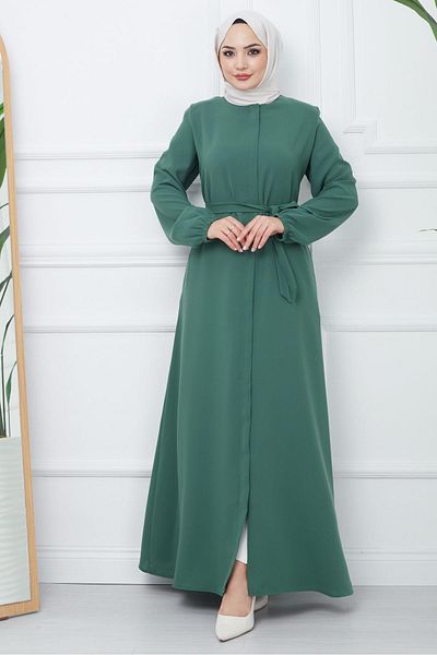 hafsamina Hidden Placket Belted Ferace Green HM2361