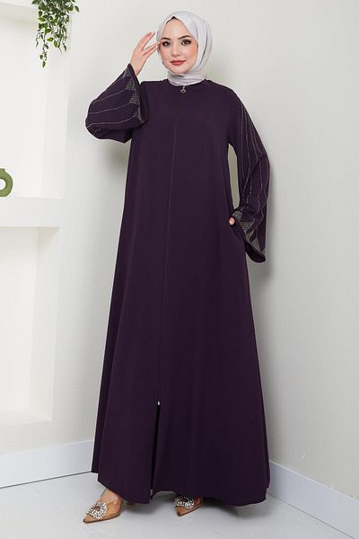 hafsamina Ferace Plum with Stone Handle Detail HM2413
