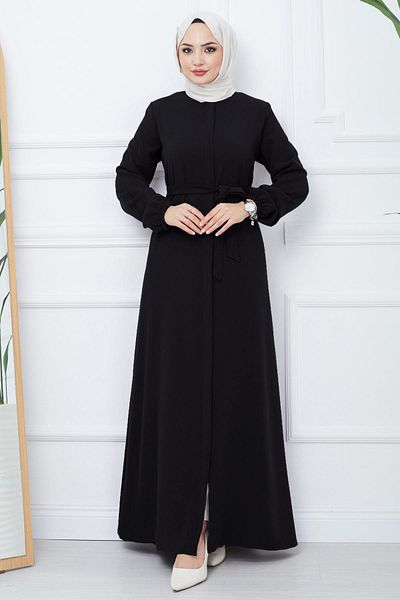 hafsamina Hidden Placket Belted Ferace Black HM2361