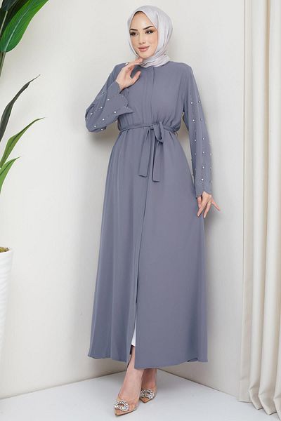 hafsamina Stoned Sleeve Hidden Plaid Abaya Gray