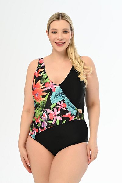 AQUAVİVA Aquaviva Black Wind Rose Large Size Double Breasted Swimsuit - Martina Patterned