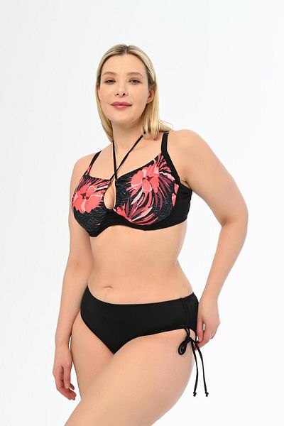 AQUAVİVA Plus Size Aquaviva Black Pink Rose Patterned Gathering Sliding Bikini Set