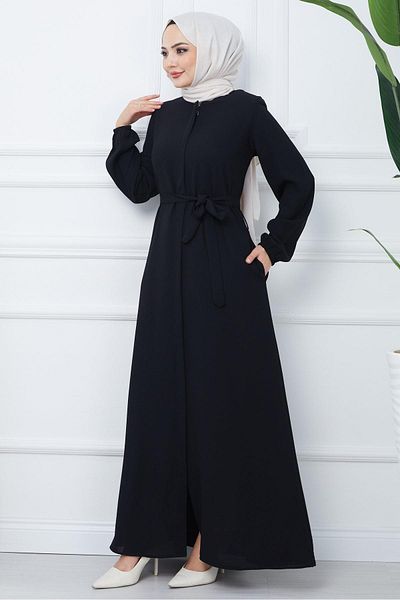 hafsamina Hidden Placket Belted Ferace Black HM2361