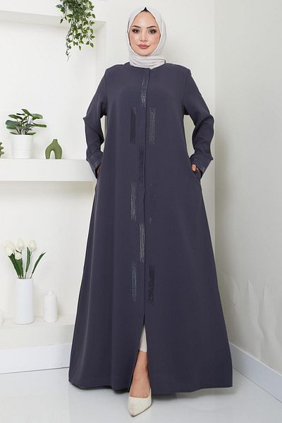 hafsamina Smoked Large Size Stone Detailed Ferace - HM2047