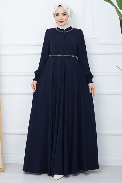 hafsamina Embroidered Mevlana Ferace Navy Blue HM2359