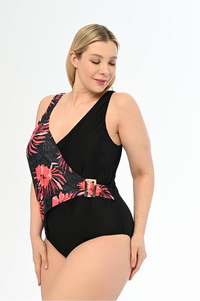 AQUAVİVA Aquaviva Double Breasted Swimsuit - Plus Size, Black Pink Rose Pattern, Martina