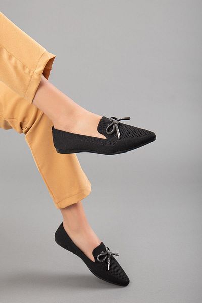 Dilimler Ayakkabı Knitwear Stone Detailed Pointed Toe Black Women's Ballerinas