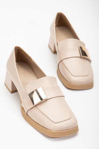 Dilimler Ayakkabı Pantofi de damă cu toc gros, cu vârf tocit, colorați nud, cu accesorii metalice