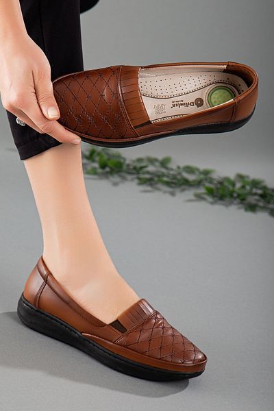 Dilimler Ayakkabı Genuine Leather Embroidery Detailed Tan Large Size Women's Shoes Daily