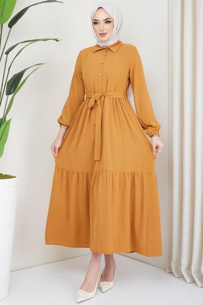 hafsamina فستان أيروبين للحجاب بأزرار وحزام خردل