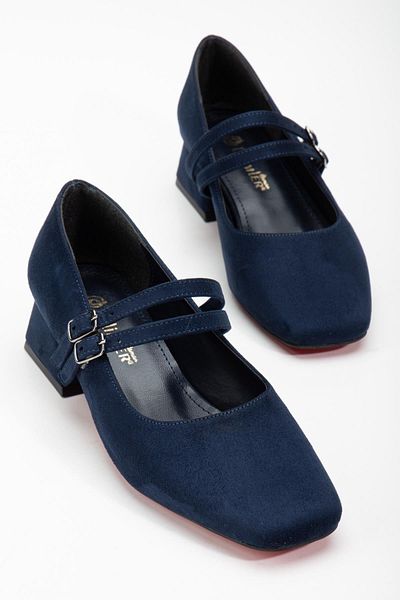 Dilimler Ayakkabı Suede Women's Low Heel Shoes - Navy Blue, 2 Straps, Large Size 2