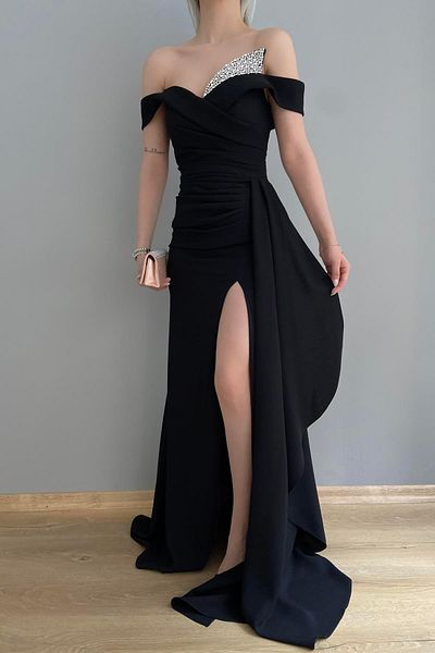 lizge giyim Boat Neck Draped Crepe Evening Dress