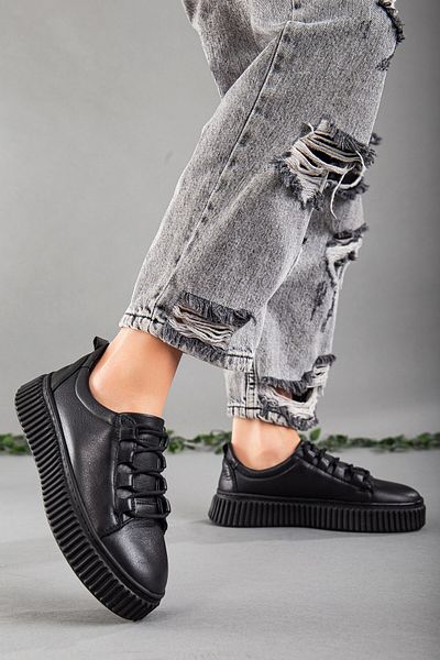 Dilimler Ayakkabı Genuine Leather Thick Sole Tied Black Women's Casual Shoes