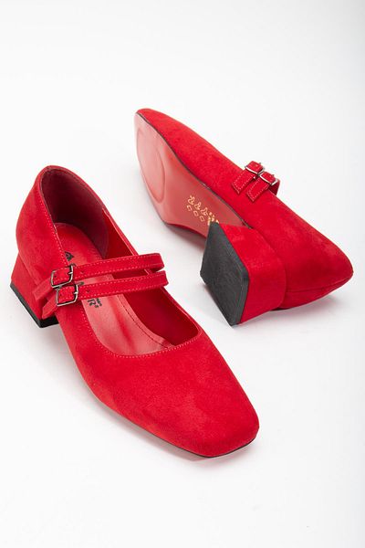 Dilimler Ayakkabı Red Suede Short Heeled Women's Shoes - Large Size 2 Straps