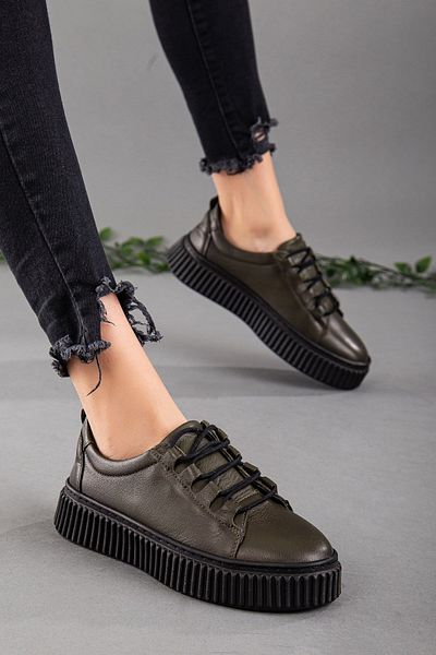 Dilimler Ayakkabı Genuine Leather Thick Sole Tied Khaki Women's Casual Shoes