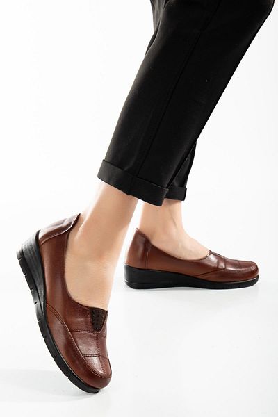 Dilimler Ayakkabı Genuine Leather Orthopedic Stitched Tan Women's Wedge Heeled Casual Shoes