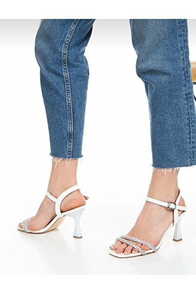 KCMN Feles Stripe Stone Double Band Heeled Women's Evening Dress Shoes WHITE