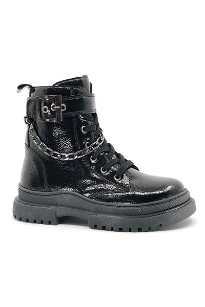 KCMN Aydindas Double Buckle Chain Λεπτομερείς κοριτσίστικες μπότες Μαύρο λουστρίνι