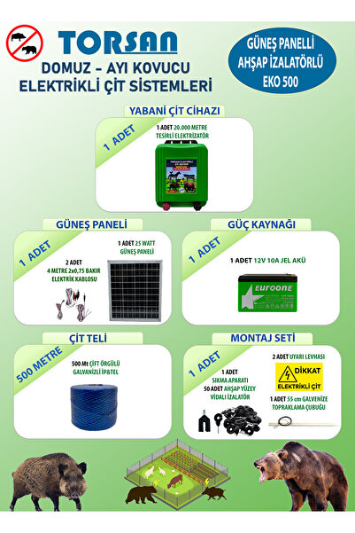 TORSAN GÜNEŞ PANELLİ EKO 500 Elektrikli Çit Sistemi ( Domuz - Ayı Kovucu ) 500MT