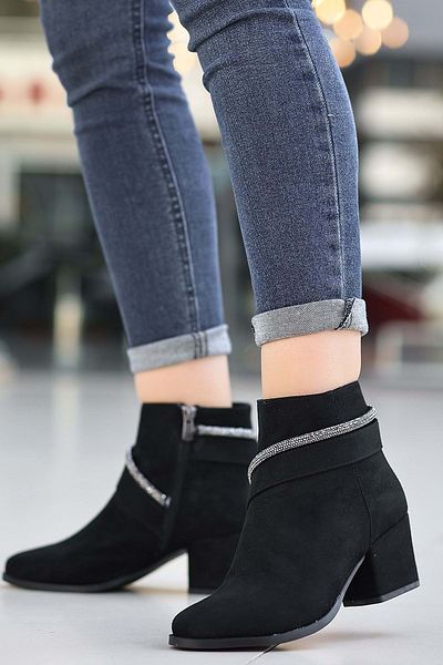 KOCAMANLAR Cizme de damă Feles Stripe Stone Detailed Negru-de piele întoarsă