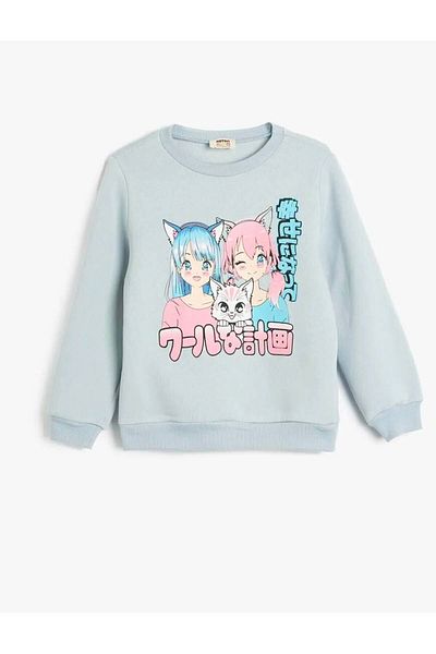Koton Anime-bedrucktes Langarm-Sweatshirt mit Rundhalsausschnitt – Raster