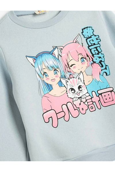 Koton Anime-bedrucktes Langarm-Sweatshirt mit Rundhalsausschnitt – Raster