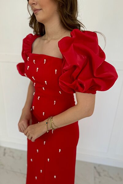 Genel Markalar Kare Yaka Maxi Boy Taş Detaylı PERA Kırmızı Elbise