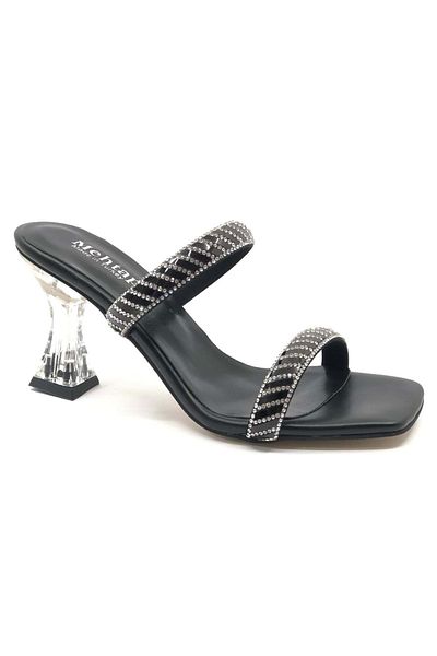 KOCAMANLAR Black Mehtap Women's Heeled Slippers - Thick Stripe and Stone Detail