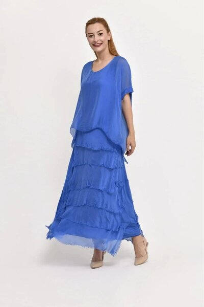 Bohem Stil İtalyan 2 Beden Ince Gösteren Yarım Kol Kat Kat Ipek Elbise