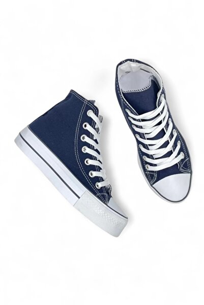 Melen Shoes SkyStride Lacivert Kalın Tabanlı Boğazlı Keten Sneaker Spor Ayakkabı