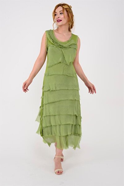 Bohem Stil Ιταλικά 2 Beden Ince Gösteren Kat Kat Kolsuz Ipek Elbise