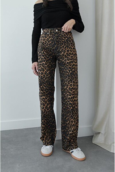Havoş Black Gage Leopard Pattern Straight Jeans