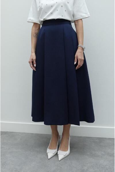 Havoş Navy Blue Pleat Detailed Flared Skirt