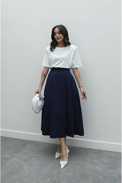 Havoş Navy Blue Pleat Detailed Flared Skirt