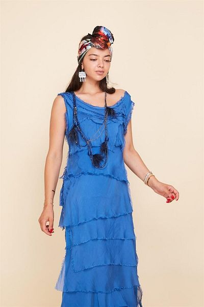 Bohem Stil Rochie din mătase, fără mâneci, cu straturi subțiri, mărimea 2 italiană