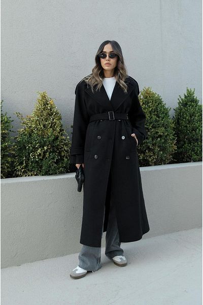 Havoş Black Epaulette Detailed Belted Coat