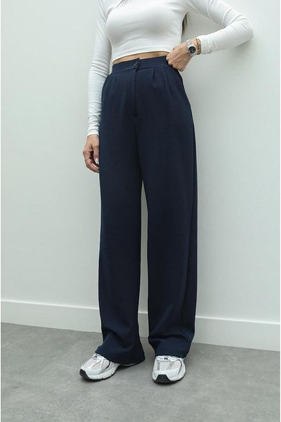Havoş Navy Blue Double Pleated Palazzo Trousers
