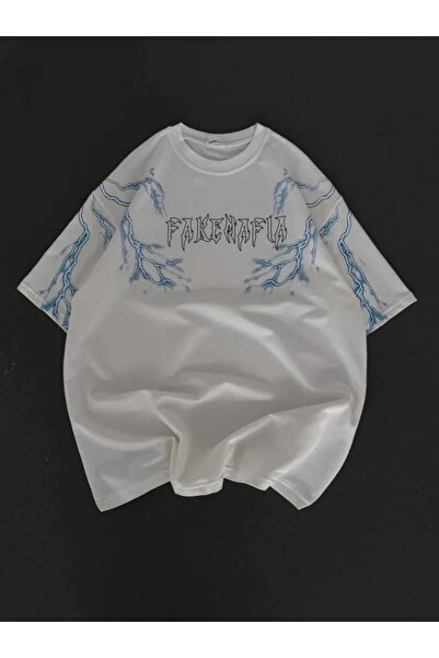 JANES Unisek Crew Neck Štampana Oversize majica - Bela