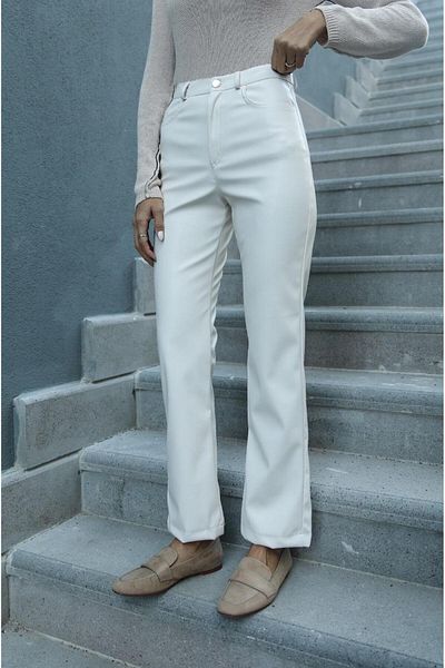 Havoş Ecru Single Button Detailed Leather Trousers