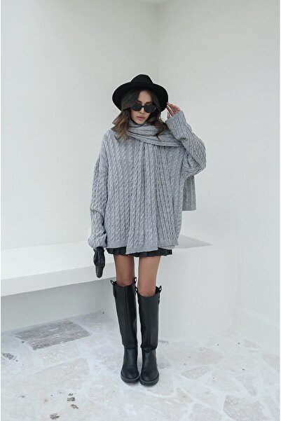 Havoş Gray Scarf Hair Knitted Sweater