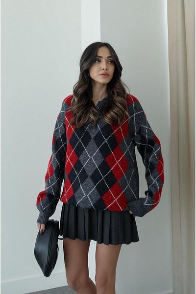 Havoş Anthracite Red Raised Baklava Polo Collar Sweater